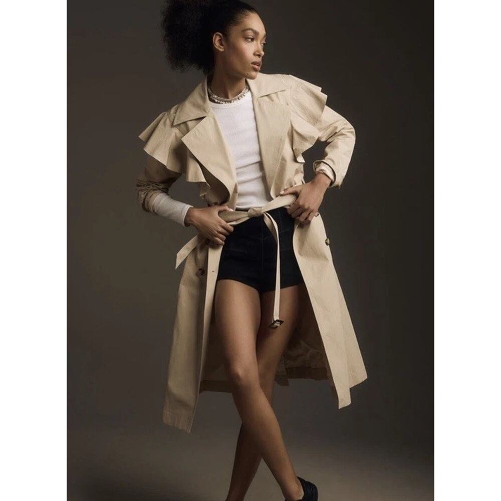 Anthropologie Ruffle Trench Coat Size Large Belted Beige